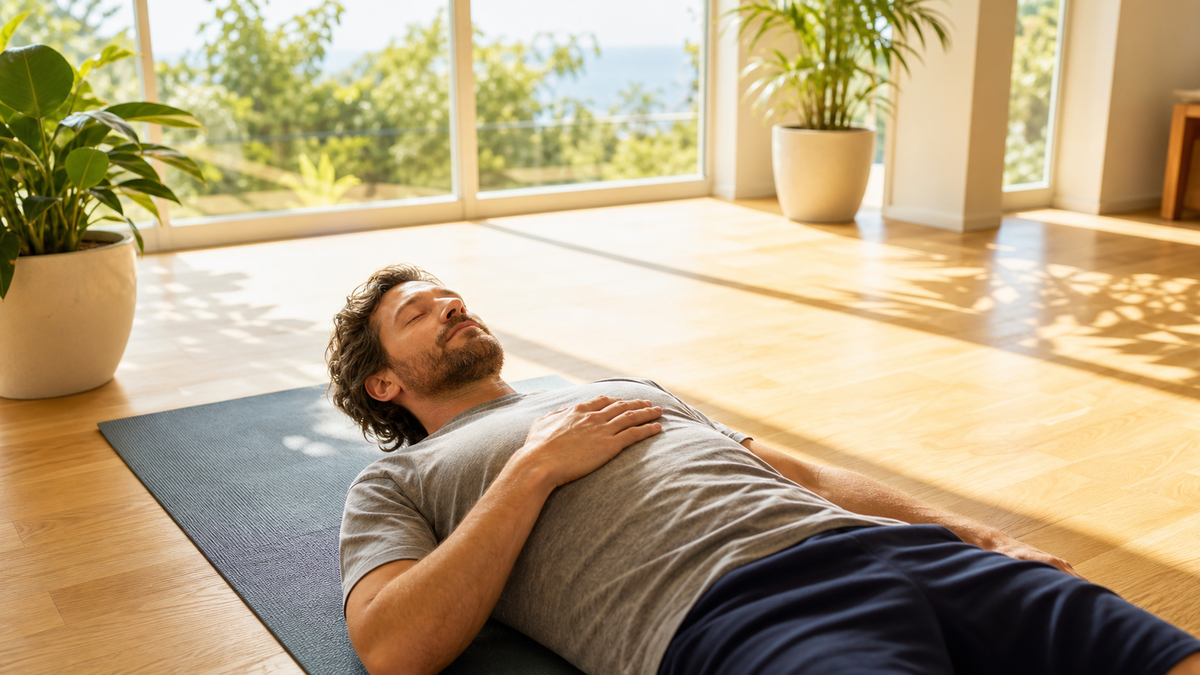 A relaxed man lying on a sofa with his eyes closed and one hand on his chest